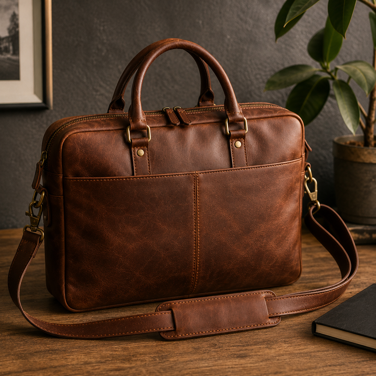 Brown leather briefcase — front view