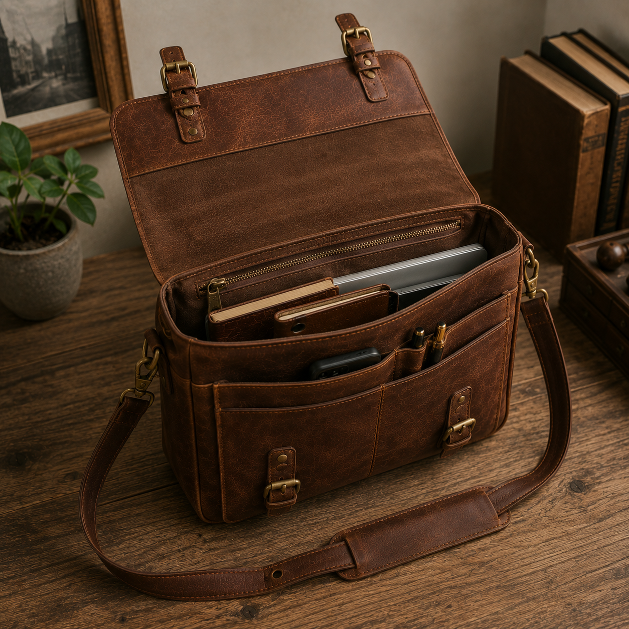 Leather briefcase — open compartments